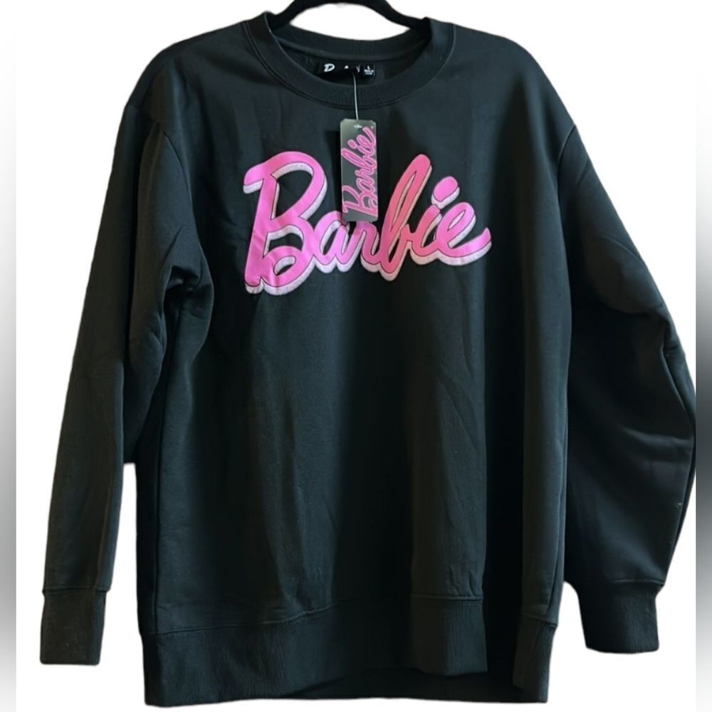 NEW L Barbie PINK LOGO BLACK CREW SWEATSHIRT MOVIE LARGE NWT